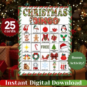 May include: A Christmas Bingo game card with festive illustrations of Santa, a snowman, and a Christmas tree. The card includes the text "Christmas Bingo" and "Instant Digital Download". The card has 25 cards and a bonus activity.