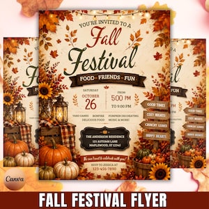 May include: A Fall Festival flyer featuring autumn leaves, pumpkins, lanterns, and string lights. Text includes: You're invited to a Fall Festival, Saturday October 26, 5:00 PM to 9:00 PM, The Anderson Residence, 123 Autumn Lane, Maplewood, ST 12345.