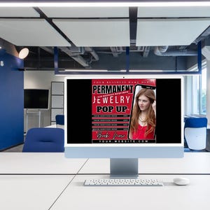 Puede incluir: Una pantalla de ordenador muestra un gr&aacute;fico promocional para un "Pop Up de Joyer&iacute;a Permanente". El gr&aacute;fico presenta a una mujer con joyas, con texto en rojo y blanco. El ordenador est&aacute; sobre un escritorio blanco en un entorno de oficina moderno.