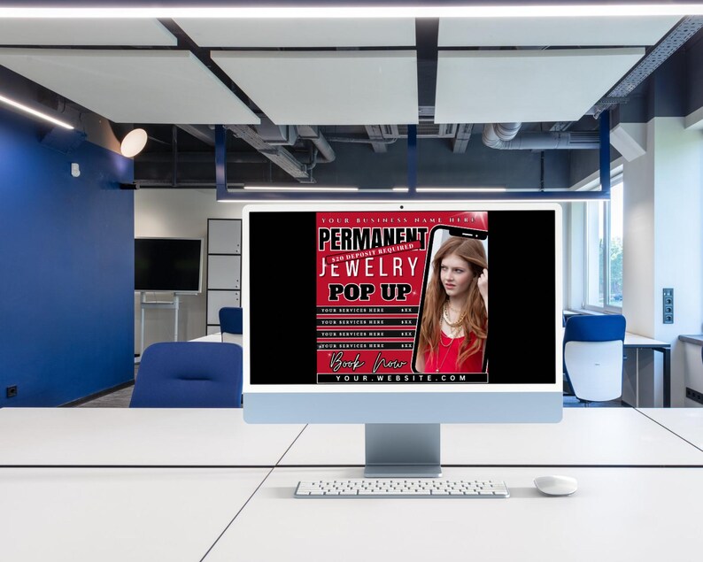 Puede incluir: Una pantalla de ordenador muestra un gr&aacute;fico promocional para un "Pop Up de Joyer&iacute;a Permanente". El gr&aacute;fico presenta a una mujer con joyas, con texto en rojo y blanco. El ordenador est&aacute; sobre un escritorio blanco en un entorno de oficina moderno.