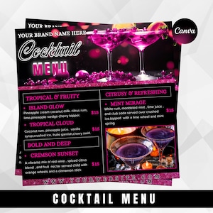 Puede incluir: Un menú de cócteles con fondo negro y detalles en rosa. El menú presenta nombres de bebidas como "Island Glow" y "Mint Mirage". La parte superior del menú dice "Cocktail MENU" en una fuente estilizada. La imagen incluye un logotipo de Canva.