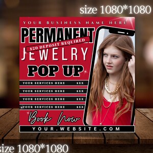 Puede incluir: Un gr&aacute;fico promocional rojo y negro para un evento emergente de joyer&iacute;a permanente. El dise&ntilde;o incluye el texto "PERMANENT JEWELRY POP UP" y una foto de una mujer que lleva joyas. El gr&aacute;fico tambi&eacute;n incluye el texto "Book Now" y una direcci&oacute;n de sitio web.