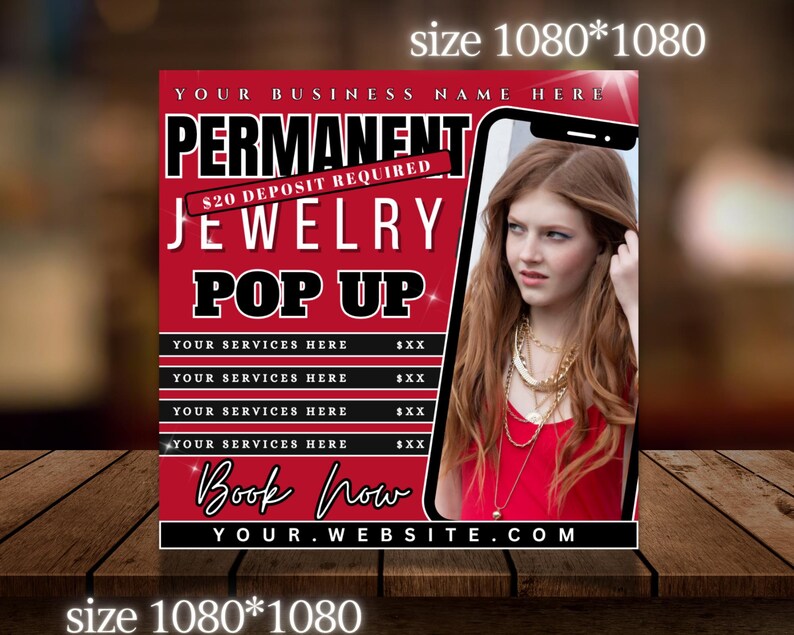 Puede incluir: Un gr&aacute;fico promocional rojo y negro para un evento emergente de joyer&iacute;a permanente. El dise&ntilde;o incluye el texto "PERMANENT JEWELRY POP UP" y una foto de una mujer que lleva joyas. El gr&aacute;fico tambi&eacute;n incluye el texto "Book Now" y una direcci&oacute;n de sitio web.