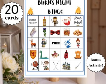20 Burns Night Bingo Cards Printable, Scottish Party Bingo Game, Burns Night Activity, Printable Bingo Sheets, Digital Download