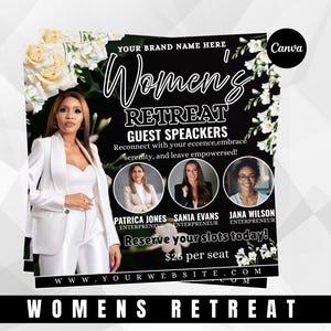 Flyersjabloon Elegante vrouwenretraite | Canvaontwerp met bloemenevenement | Bewerkbare uitnodiging voor spirituele brunch, gebed en netwerking