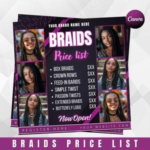 Braids Pricelist Flyer: Salon Booking Template for Hair Stylists (Canva Editable, Digital Download