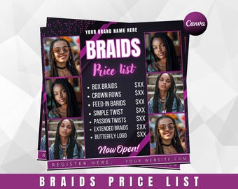 Braids Pricelist Flyer: Salon Booking Template for Hair Stylists (Canva Editable, Digital Download