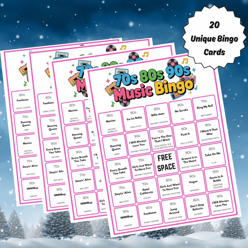 May include: A set of 20 music bingo cards with a pink border, featuring songs from the 70s, 80s, and 90s. The cards include song titles such as "Maniac" and "Dancing Queen". Each card measures approximately 21 cm x 28 cm.
