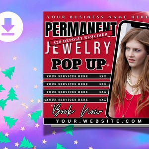 Puede incluir: Gr&aacute;fico promocional para un evento emergente de joyer&iacute;a permanente. El dise&ntilde;o presenta un fondo rojo con texto blanco, incluyendo "PERMANENT JEWELRY POP UP" y "Book Now!". Una foto de una persona con joyas est&aacute; a la derecha. La direcci&oacute;n del sitio web se muestra en la parte inferior.