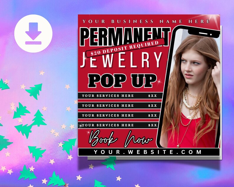 Puede incluir: Gr&aacute;fico promocional para un evento emergente de joyer&iacute;a permanente. El dise&ntilde;o presenta un fondo rojo con texto blanco, incluyendo "PERMANENT JEWELRY POP UP" y "Book Now!". Una foto de una persona con joyas est&aacute; a la derecha. La direcci&oacute;n del sitio web se muestra en la parte inferior.