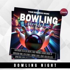 Puede incluir: Un cartel promocional para una noche de bolos. El diseño presenta una bola de bolos y bolos con efectos de luz de neón. El texto "BOWLING NIGHT" se muestra de forma destacada, junto con los detalles del evento.