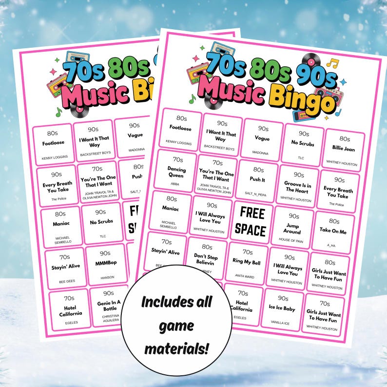 May include: Two 70s, 80s, and 90s Music Bingo game cards with a pink border. Each card has a grid of song titles and artists. The text "Includes all game materials!" is in a circle at the bottom of the image.