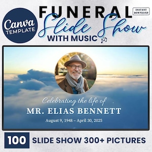 Blue Sky Editable Funeral Slideshow Canva Template With Music Memorial Service Obituary Video Tribute Motion Celebration of life