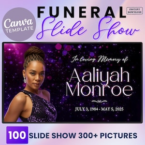 Deep Purple Editable Funeral Slideshow Canva Template With Music Memorial Service Obituary Video Tribute Motion with 100 Slides