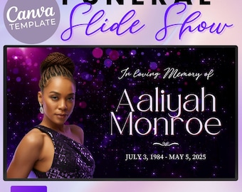 Deep Purple Editable Funeral Slideshow Canva Template With Music Memorial Service Obituary Video Tribute Motion with 100 Slides