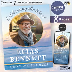 Celebration of life Blue Sky Editable Funeral Obituary Program Template Canva Design with Video, Purple Sparkle Memorial,Instant Download