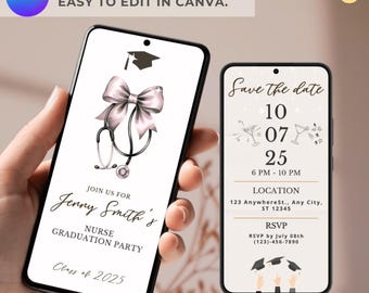 Animated Nurse Graduation Editable Video Invitation Coquette ribbon bow stethoscope Minimalist Medical School Announcement class of 2025