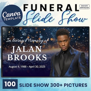 Deep Blue Editable Funeral Slideshow Canva Template With Music Memorial Service Obituary Video Tribute Motion with 100 Slides