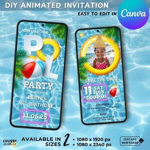 Summer Pool Party Animated Invitation – Editable Canva Video Template, DIY Kids Birthday Digital Invite for Girl and Boy, Instant Download