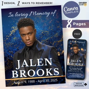 Blue Sky Editable Funeral Obituary Program Template Celebration of life Canva Design with Video, Deep Blue Sparkle Memorial,Instant Download