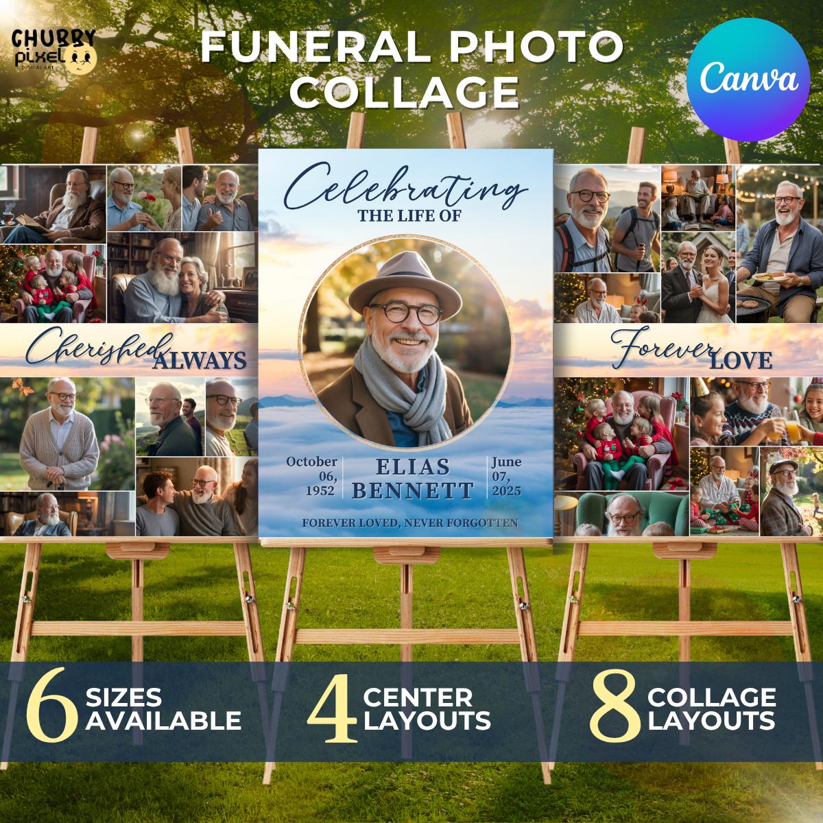 Funeral Memorial Welcome Sign Poster Collage Editable Template Celebration of Life Memory Board, Easel Funeral Sign Bundle instant download