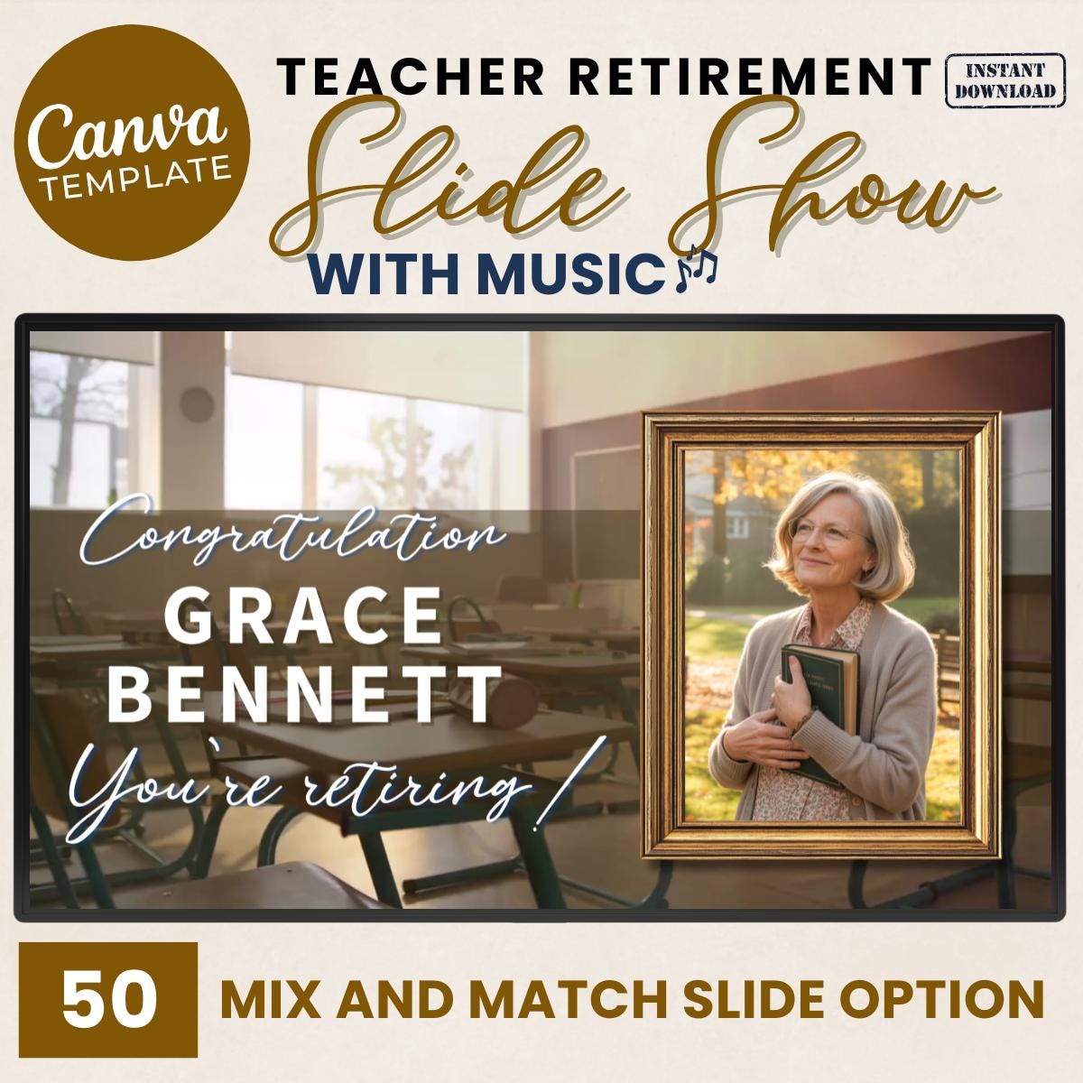 Teacher Retirement Farewell Personalized Digital Video Movie & Photo Collage Slideshow with Music Canva Template for Goodbye Party