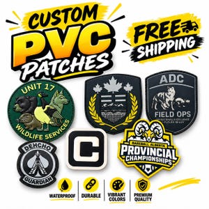 Puede incluir: Una colección de parches de PVC personalizados con varios diseños, incluyendo un emblema de servicio de vida silvestre, un escudo con una hoja de arce, un parche de operaciones de campo ADC, una insignia de Dehcho Guardian, una letra C y un parche de campeonato.