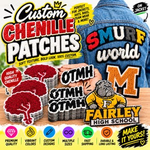 May include: Custom chenille patches featuring various designs including red tree shapes, black OTMH text, and a yellow bulldog mascot with the text FAIRLEY HIGH SCHOOL. The patches are displayed on a blue denim jacket and a wooden surface with promotional text.