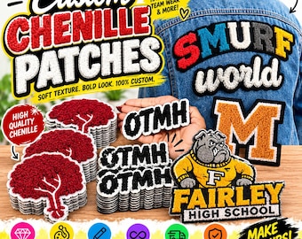 以下が含まれることがあります： 赤い木の形、黒いOTMHの文字、FAIRLEY HIGH SCHOOLという文字が入った黄色いブルドッグのマスコットなど、様々なデザインのカスタムシェニールワッペン。ワッペンは青いデニムジャケットと木製の表面に配置され、プロモーションテキストが添えられています。