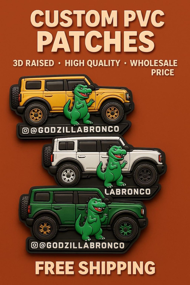 May include: Custom PVC patches with 3D raised designs. The patches depict a yellow, white, and green SUV with a green dinosaur mascot. Each patch has a black border with the Instagram handle @GODZILLABRONCO or LABRONCO.