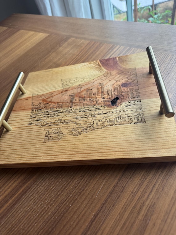 Seattle Skyline Serving Tray: Washington State Wood Tray with Brass Handles