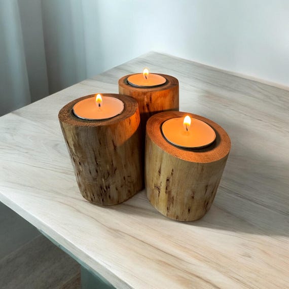 Rustic Wood Tea Light Holders – Handmade Log Candle Set of 3 – Natural Woodland Decor