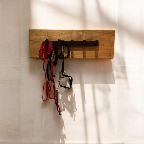 Floating Hook Dog Leash Holder – Modern Wood Wall Rack for Leashes, Collars & Keys