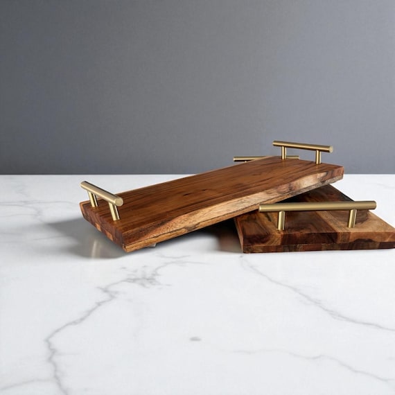 Restored Hardwood Tray with Gold Handles – Handmade from Reclaimed Cutting Boards