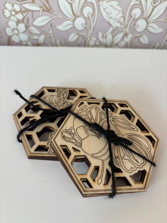 Set of 4 Bee & Honeycomb Wooden Coasters – Laser-Cut Hexagon Drink Coaster Set