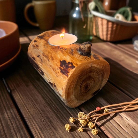 Rustic Log Tealight Candle Holder | Natural Wood Decor | Handmade Woodland Centerpiece