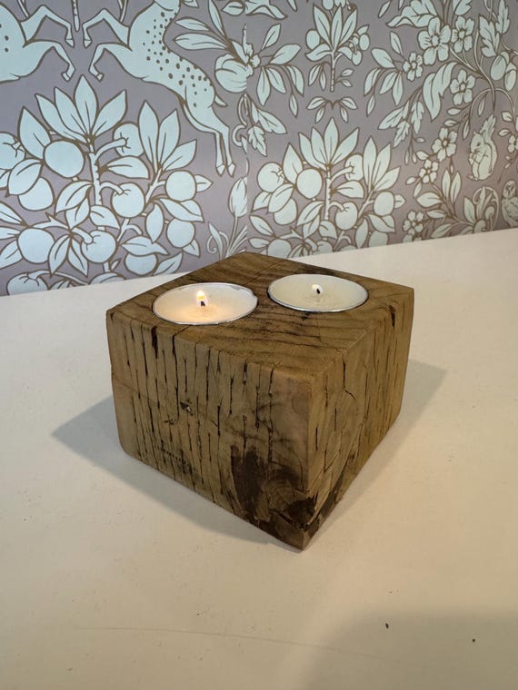 Rustic Double Tea Light Candle Holder – Handmade Wood Block – Reclaimed Wood – Custom Engraving Available