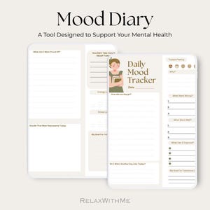 2-Page Daily Mood Diary PDF – Printable Mental Health Journal with Reflection Questions – Simple Emotional Check-In & Self-Care Tracker