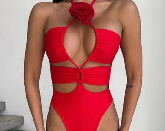 Red Cutout Monokini – Handmade Floral Swimsuit, Festival Bodysuit