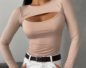 Handmade Viscose Jersey Bodysuit | Elegant Chest Cutout Top
