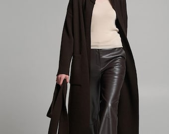 Wool Knit Dark Brown Trench Coat | Belted Cardigan Duster
