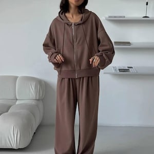 Oversized Cotton Tracksuit Set | 2-Piece Lounge Set| Zip Hoodie and Wide-Leg Pants| Soft Comfy Co-ord| Beige, Сhocolate Brown,  Gray