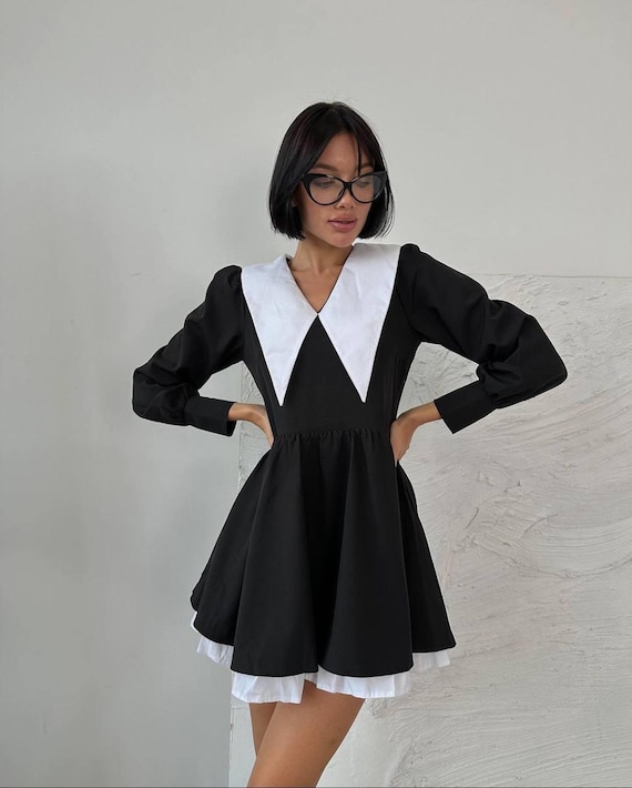 Black Cotton Dress | White Collar, Gothic Style, Handmade