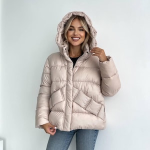 Women’s Puffer Jacket with Hood – Fashion Winter Warm Quilted Down Coat Handmade| Travel & Streetwear / Black, Brown, Mocha, Beige / S- 3XL