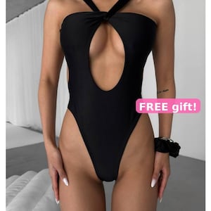 Elegant Black One Piece Swimsuit – Handmade Cutout Monokini with Keyhole Front & Free Matching Scrunchie/ Handmade
