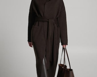 Wool Knit Coat with Belt |  Dark Brown Oversized Women's Cardigan Jacket