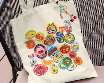 Retro Fruit Sticker Organic Cotton Tote Bag with Cherry Charm, Kawaii Fruit Label Tag