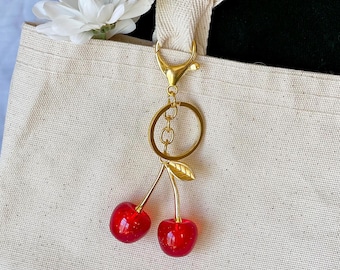 Glass Cherry Fruit Keychain, Red Fruit Bag Charm, Food Cherries Coquette Keyring
