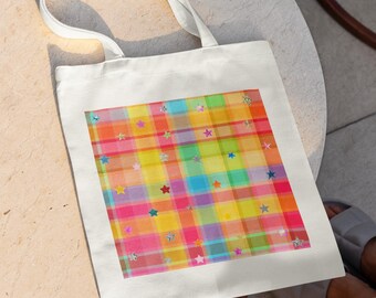 Colorful Star Plaid Tote Bag: Rainbow Checkered Market Bag, Whimsical Gift