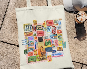 Retro Sardine Can Tote Bag: Vintage Fish Label Summer Organic Cotton Gift